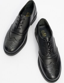 Resim LuviShoes AVRA Siyah Cilt Hakiki Deri Kadın Oxford Ayakkabı 