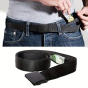 Resim Gizli Para Cebi Olan Uzatılmış Otomatik Tokalı Kemer – Güvenli Seyahat Nakit Depolama, Günlük Kot Kemer, 149.86 cm, Siyah Polyester Kanvas Plastik Toka, Çoğu Bel Boyutuna Uyar 