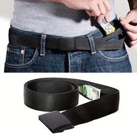 Resim Gizli Para Cebi Olan Uzatılmış Otomatik Tokalı Kemer – Güvenli Seyahat Nakit Depolama, Günlük Kot Kemer, 149.86 cm, Siyah Polyester Kanvas Plastik Toka, Çoğu Bel Boyutuna Uyar 