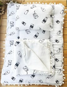 Resim Berço Milk Desenli Çift Katlı Müslin ve Waffle Kumaş Alt Açma , Yastık ve Battaniye 3’lü Set 