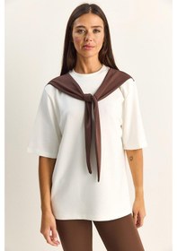 Resim Shade Kadın Şal Detaylı Oversize Basic T-shirt 1094 60286118 - Beyaz-kahve Beyaz - Kahverengi 