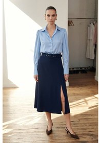 Resim Sateen Kemerli Yırtmaç Detaylı Kloş Etek - Lacivert-137418 