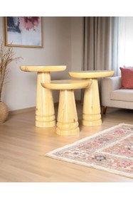 Resim AYLESA Doğal Ahşap 3’lü Set Mantar Yan Sehpa Modern Vernikli Fiskos Zigon Çiçeklik 