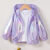 Resim Kızlar için Hafif Iridescent Kapüşonlu Ceket - Pembe ve Turuncu Gradyan Fermuarlı Rahat Dış Giyim, Ruffled Hem, Uzun Kollu ve Ön Cebi ile Bahar/Yaz/Sonbahar, Sonbahar Dış Giyim, Şık Kız Ceketi, Fermuarlı Ceket 