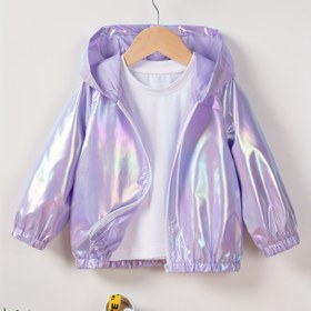 Resim Kızlar için Hafif Iridescent Kapüşonlu Ceket - Pembe ve Turuncu Gradyan Fermuarlı Rahat Dış Giyim, Ruffled Hem, Uzun Kollu ve Ön Cebi ile Bahar/Yaz/Sonbahar, Sonbahar Dış Giyim, Şık Kız Ceketi, Fermuarlı Ceket 