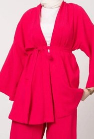 Resim Tesettür Diyarı Gölge Kumaş Kuşaklı Kimono Tesettür Takım- Fuşya 