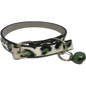 Resim Yeşil Renk Leopar Desenli Derili Metal Tokalı Zilli Kedi Tasması 