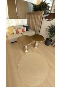 Resim Altın Renkli Ahşap Yan Sehpa Takımı 2 Li Mantar Sehpa Seti Bej 