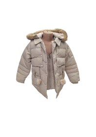 Resim Life For Moda Kız Çocuk Önü Fermuarlı Ve Çıt Çıtlı Ponpon Detaylı Çıkarılabilir Tüylü Kapüşonlu Peluş Astarlı Mont 3018 KREM 