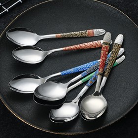 Resim 10 adet Paslanmaz Çelik Çorba Kaşığı Renkli Çiçek ve Geometrik Desenlerle - Çorbalara, Haşatlara ve Tatlılara Dayanıklı Mutfak Araçları, Çorba Kaşığı Seti 