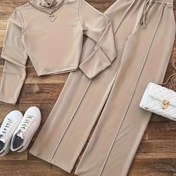 Resim Kadınlar İçin 2 Parça Oversize Y2K Smock Elbise & Geniş Paça Pantolon Takımı - Bej Kısa Ceket & Yüksek Bel Pantolon, Yaka ve Düğmesiz Kapatmalı Smock Elbise, Makinede Yıkanabilir İlkbahar/Sonbahar Kıyafeti (Kemer Gerekmez) 