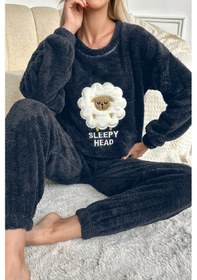 Resim Nisanca Desenli Tam Peluş Kışlık Yılbaşı Kadın Pijama Takımı Siyah 