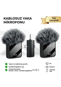 Resim Genz Bilişim Kablosuz Yaka Mikrofonu Tip-c Android Kamera Apple Uyumlu iPhone Stüdyo Mikrofonu Için Ses Video Canlı Yayın Siyah 