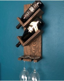 Resim Ahşap Şaraplık, 2 Şişe 2 Kadeh Bölmeli Şaraplık, Ceviz 