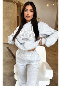 Resim Chicago Eşofman Takımı Sweatshirt Jogger - Gri Baskılı Oversize Şardonlu Kapüşonlu Gri 