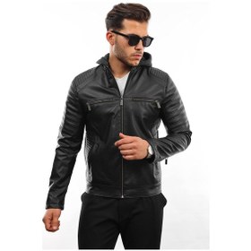 Resim Erkek Siyah Dar Kesim Kapüşonlu Deri Ceket Siyah 