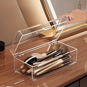 Resim Kapaklı Şeffaf Akrilik Makyaj Organizatör Kutusu - Hafif, Şeffaf Tasarım Kolay Görünürlük İçin - Dudak Rujları, Göz Farları, Fırçalar ve Süngerler İçin Mükemmel - Alan Tasarrufu Sağlayan Tezgah Depolama Çözümü, Makyaj Vantuz Masa 