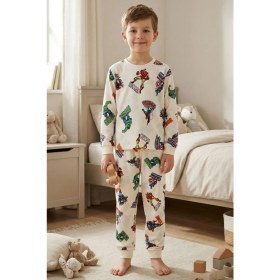 Resim Zuzunga Süper Kahramanlar Desenli %100 Pamuk Beyaz Erkek Çocuk Pijama Takımı 