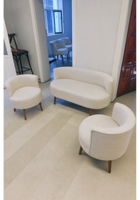 Resim Azra Mobilya Sydney Çay Seti Koltuk Takımı Keten Kumaş 2+1+1 Ceviz Ayak Modern Salon & Ofis Takımı Krem Krem 
