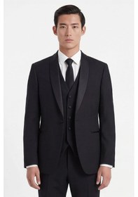 Resim Giotelli Erkek Siyah Dar Kesim Slim Fit Viskon Dokuma Normal Bel 8 Drop Yelekli Klasik Smokin Takım Elbise 