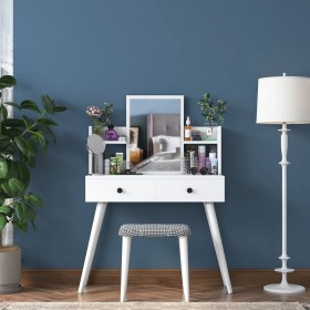 Resim Rani BJ102 Makyaj Masası 2 Çekmeceli Raflı Aynalı Takı Düzenleyici + Tabure Takım Beyaz 