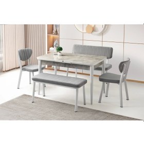 Resim Yemek Odası Takımı Ortadan Açılır Büyüyen Ahşap Masa 2 Bench 2 Sandalye Mermer Desen 