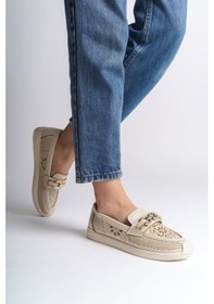 Resim Layla Bağcıksız Ortopedik Rahat Taban Çiçek Desenli Kadın Babet Ayakkabı Ckt - Krem Krem 