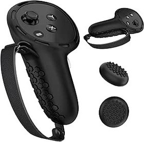 Resim Controller Grips for Meta Quest 3, Silicone Grips Cover Protective Sleeve with Controller Hand Straps and 2pcs Joystick Cover for Oculus Quest 3 Accessories - Black 