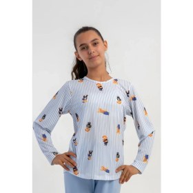 Resim Obje Kız Çocuk Mavi Ayıcık Desen Likra Polyvıscon O Yaka Uzun Kol Pijama Üstü 