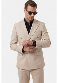 Resim Deep Sea Deepsea Erkek Bej Slim Fit Kruvaze Takım Elbise Likralı Çizgili Dokulu Metal Düğmeli 2600820 