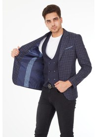 Resim Sposo 5140 Yelekli Dar Kalıp Lacivert Ekose Erkek Blazer Ceket Lacivert 