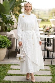 Resim N.S NEVA STYLE İp Kemerli Beyaz Tesettür Elbise 20162B 