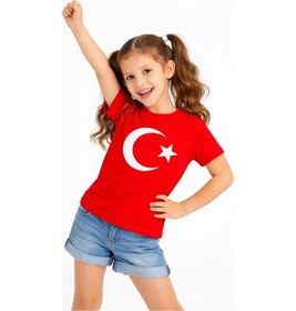 Resim Barlashive Kız Çocuk Tişört Bisiklet Yaka Ay Yıldız Bayrak Baskılı T-shirt - Kırmızı Çok Renkli 