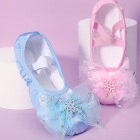 Resim Kızlar için Prenses Dans Ayakkabıları, Çiçek Desenli ve Fiyonklu Bale Stili, Hafif Kumaş Üst ve Taban, Düz Burun, Tüm Mevsimler İçin Uygun, 14 Yaş Altı Kızlar İçin Uygun 