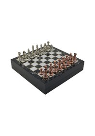 Resim Gifthome Orta Boy Antik Metal Klasik Satranç Takımı Ve Mermer Desenli Sandıklı Mdf Tahtası 30x30x6 Cm. 