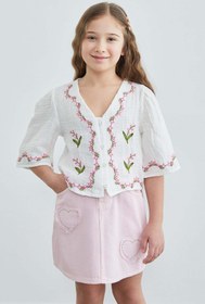 Resim Fulla Moda Taşlı Kalp Nakışlı Kız Çocuk Jean Etek 