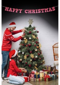 Resim Pembe Happy Christmas Yazılı Banner , Özel Gün, Davet Organizasyonu ,yeni Yıl, Yılbaşı Sofrası, Simli Eva Banner 