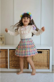 Resim Asortik Kids Kız Çocuk Etekli Takım Fırfır Yakalı Bluz + Renkli Ekose Etek 2'li Set-J353-J077 