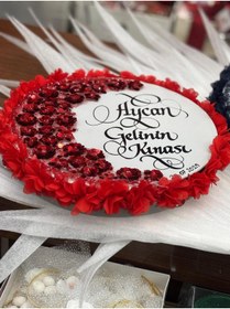 Resim GÜRLEK TEKSTİL Kırmızı Gelin Tefi 30 cm Kaligrafi Sanatlı, Kına Gecesi Düğün Bekarlığa Veda Defi 