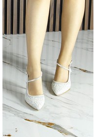 Resim Erkan Saçmacı Perola İnci Beyaz Saten Taşlı İncili Arkası Açık Sivri Burun İnce Topuklu Abiye Gelin Ayakkabısı Beyaz 