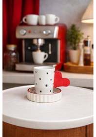 Resim Kalp Kulplu Puantiyeli Seramik Türk Kahvesi Fincanı Çok Renk 