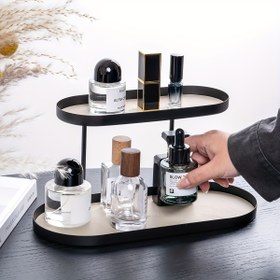 Resim 1 adet minimalist demir sanat rafı, sahte deri matlı, çift katmanlı oval kozmetik, takı ve anahtar saklama kutusu, oturma odası masaüstü organizatörü, yatak odası banyo giriş rafı, parfüm ruj tutucu, Banyo Tepsisi 