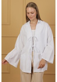 Resim %100 Pamuk Keten Cepli Bağcıklı Kadın Kimono 1165 Gömlek Yaka, Nefes Alan Kumaş Beyaz 