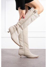 Resim Shoetek Luminya Kadın Çizme İnce Topuklu Yandan Pimli Bej Süet Bej Süet 