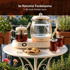Resim Fressi FR-CM03 Standlı Dijital Göstergeli Çay Makinesi 600W, Krem, Çift Cam Demlikli ve Otomatik Kapanma Özellikli 