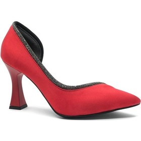 Resim Feles Kadeh Topuk Saten Taşlı Stiletto Kadın Topuklu Ayakkabı Kırmızı 