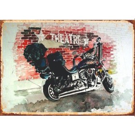 Resim Vintage Motosiklet Ve Tuğla Duvar Temalı Ahşap Retro Poster Tablo 