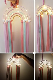 Resim Işıklı Gökkuşağı El Yapımı Düş Kapanı Ev Bohem Duvar Süsü Dekorasyonu Dream Catcher 