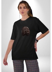 Resim Kuru Kahve Çekirdeği Beyin Pamuklu Bisiklet Yaka Unisex Oversize Boyfriend Dijital Baskılı Siyah T-shirt Siyah 
