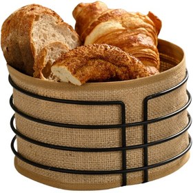 Resim Mat Siyah Yuvarlak Jüt Kahve Kumaş Bezi Ekmek Sepeti 